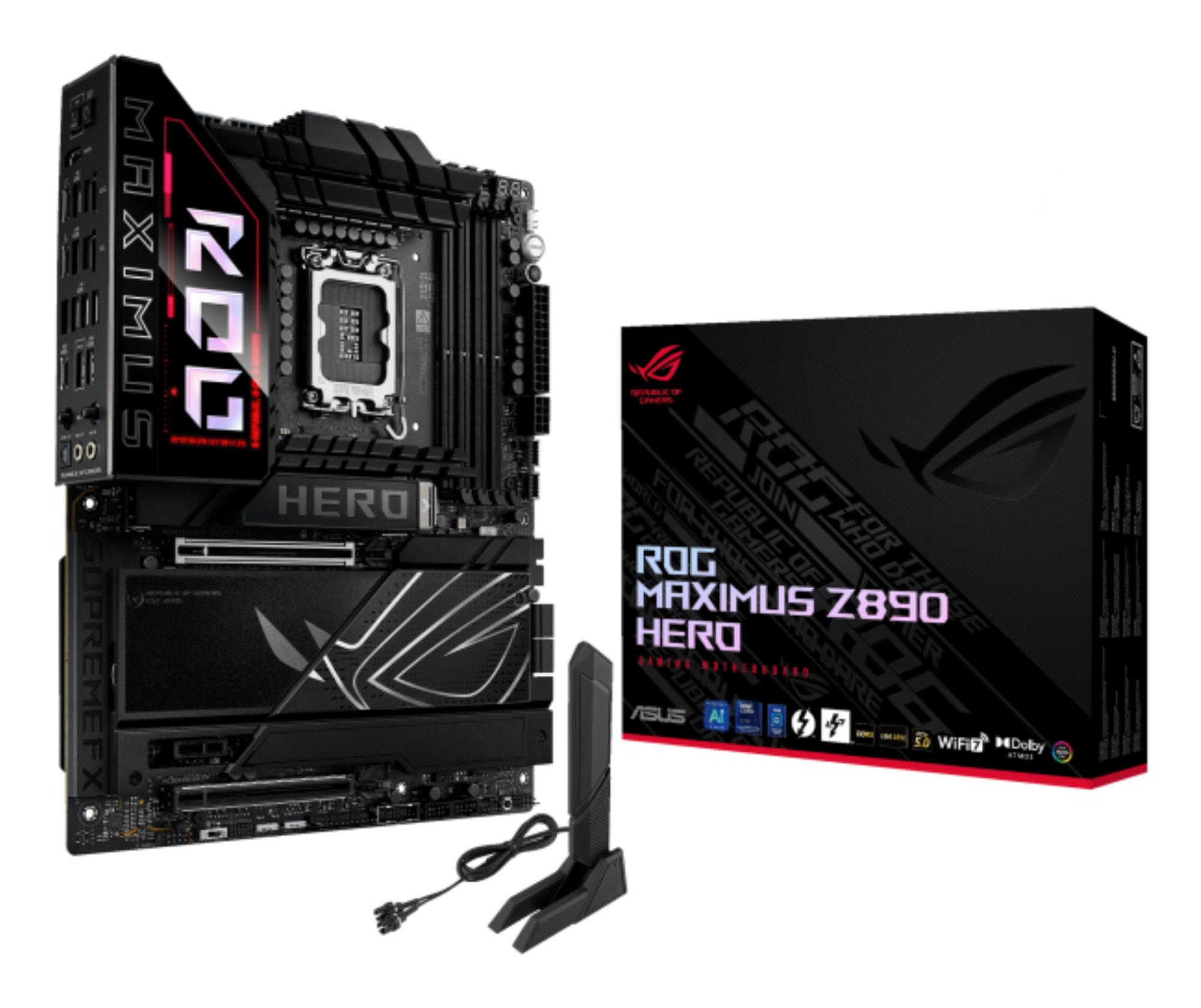b8681553-f0d0-4bda-889a-31c955ece160 Mainboard ASUS Intel Z890 LGA1851 ATX Memory DDR5 Memory slots 4 1xPCI-Express 4.0 1x 1xPCI-Express 4.0 16x 1xPCI-Express 5.0 16x 6xM.2 1xHDMI 1xAudio-In 1xAudio-Out 4xUSB 3.0 4xUSB 3.1 1xUSB-C 2xUSB-C w/Thunderbolt 1xOptical S/PDIF 2xRJ45 ROGMAXIMUSZ890HERO