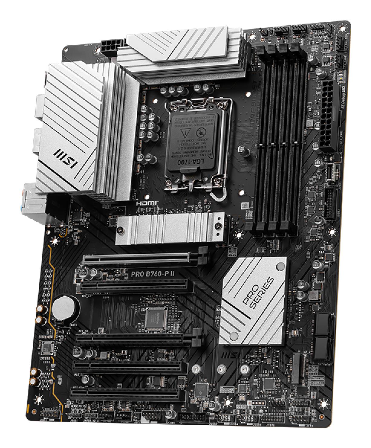 b94e4fd0-f384-427b-a00c-b5d7a6b58a90 Mainboard MSI Intel B760 Express LGA1700 Memory DDR5 Memory slots 4 5xPCI-Express 5.0 16x 2xM.2 1xHDMI 1xDisplayPort 2xUSB 2.0 2xUSB 3.2 1xUSB-C 1xOptical S/PDIF 1xRJ45 5xAudio port PROB760-PII