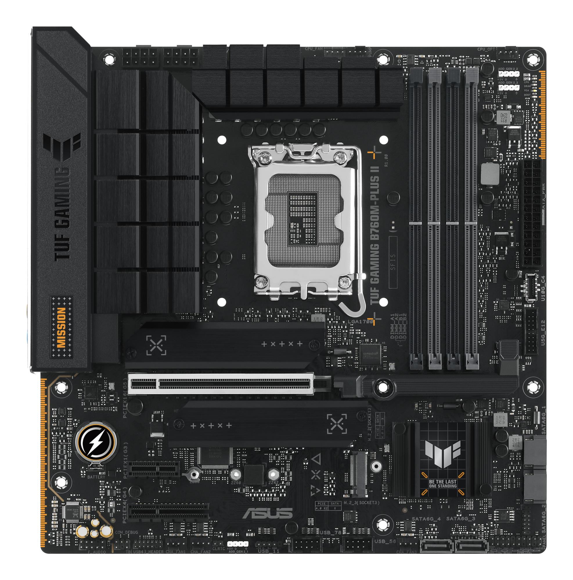 be13b883-ec0e-4904-9781-50be09ed5fd8 Mainboard ASUS Intel B760 Express LGA1700 Micro-ATX Memory slots 4 1xPCI-Express 3.0 1x 1xPCI-Express 4.0 4x 1xPCI-Express 5.0 16x 3xM.2 1xHDMI 1xDisplayPort 4xUSB 2.0 3xUSB 3.2 1xUSB-C 1xOptical S/PDIF 1xRJ45 5xAudio port TUFGAMINGB760M-PLUSII