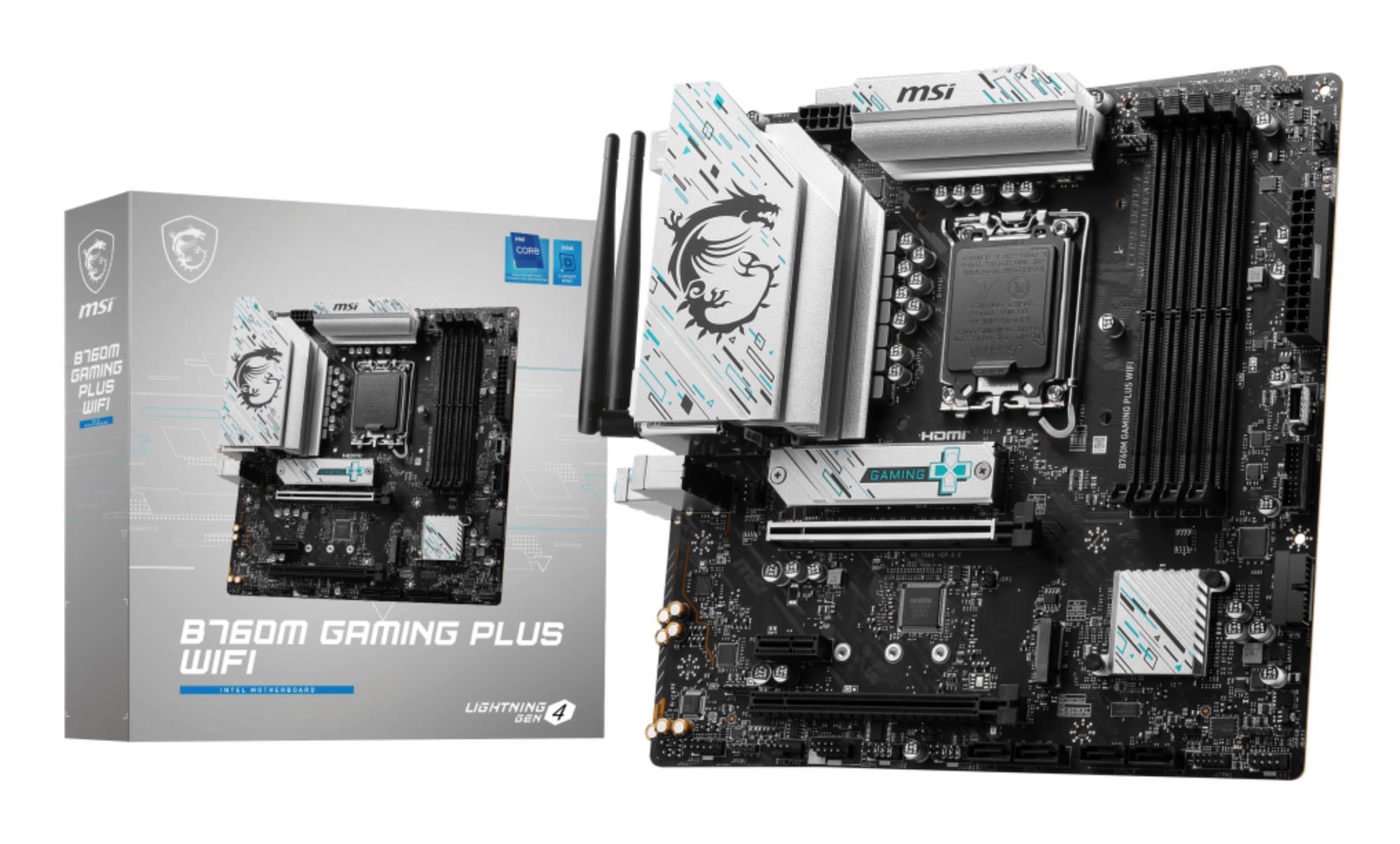 c8673a59-a173-4e52-808f-f6596a6a8850 Mainboard MSI Intel B760 Express LGA1700 Micro-ATX Memory DDR5 Memory slots 4 1xPCI-Express 3.0 1x 1xPCI-Express 4.0 4x 1xPCI-Express 4.0 16x 2xM.2 2xHDMI 2xDisplayPort 2xUSB 2.0 4xUSB 3.2 1xPS/2 1xRJ45 3xAudio port B760MGAMINGPLUSWIFI