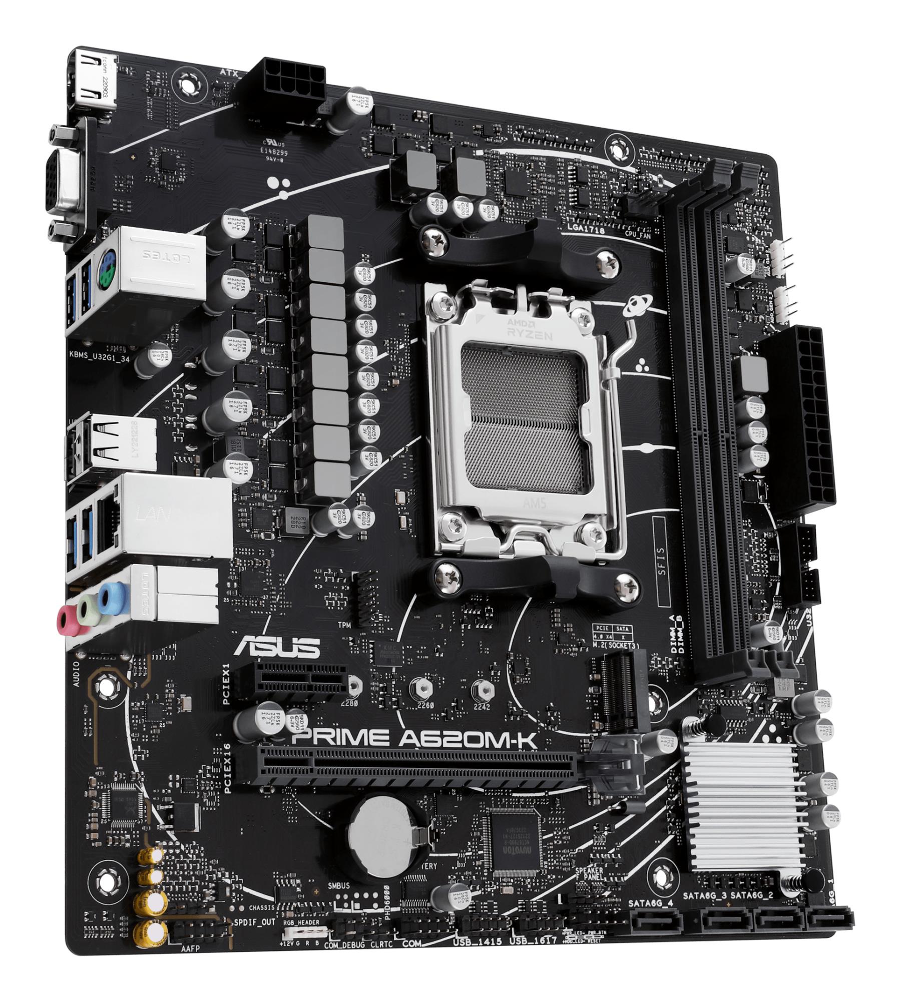 d2b8a898-98ac-490b-a73b-a48fe9e0c4ce Mainboard ASUS AMD A620 Micro-ATX Memory DDR5 Memory slots 2 1xPCI-Express 3.0 1x 1xPCI-Express 4.0 16x 1xM.2 1x15pin D-sub 1xHDMI 2xUSB 2.0 4xUSB 3.2 1xPS/2 1xRJ45 3xAudio port PRIMEA620M-K