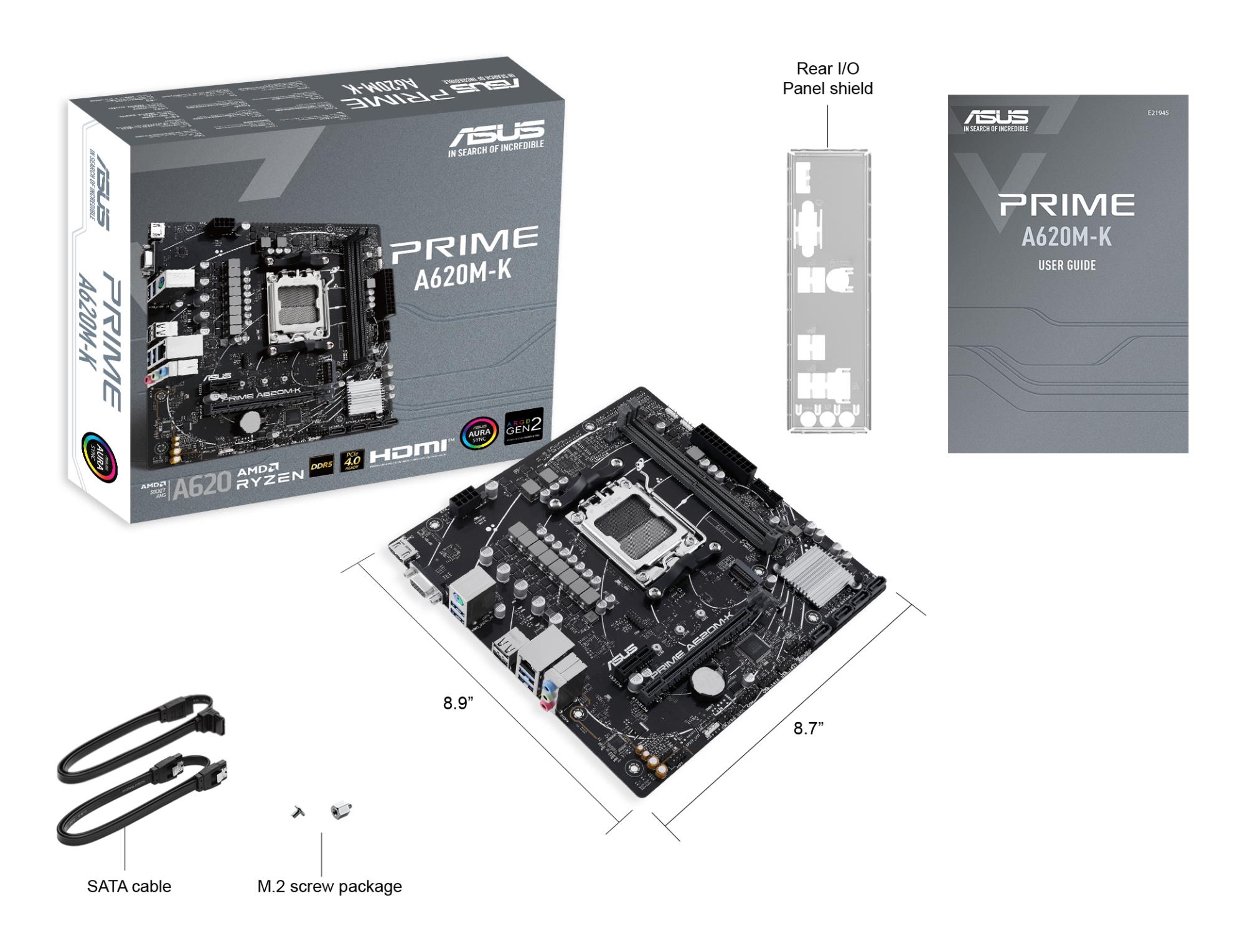 d9206695-4620-4c61-a55e-01f13c9b8196 Mainboard ASUS AMD A620 Micro-ATX Memory DDR5 Memory slots 2 1xPCI-Express 3.0 1x 1xPCI-Express 4.0 16x 1xM.2 1x15pin D-sub 1xHDMI 2xUSB 2.0 4xUSB 3.2 1xPS/2 1xRJ45 3xAudio port PRIMEA620M-K