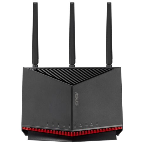 Wireless Router ASUS 6800 Mbps Mesh Wi-Fi 5 Wi-Fi 6 Wi-Fi 6e Wi-Fi 7 IEEE 802.11a IEEE 802.11b IEEE 802.11g IEEE 802.11n IEEE 802.11ac IEEE 802.11ax USB 2.0 3×2.5GbE LAN WAN ports 2 Number of antennas 4 RT-BE86U