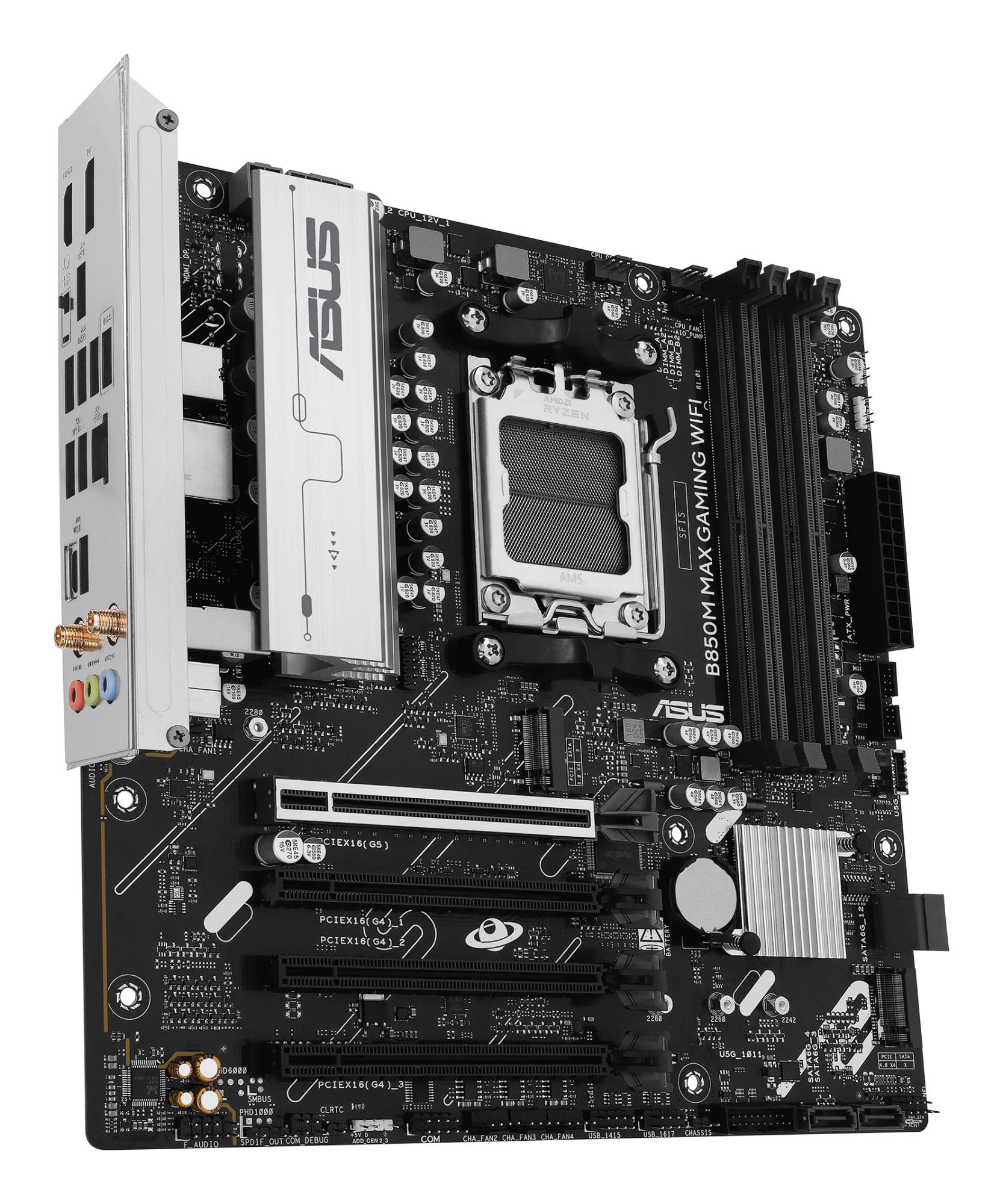 f2683da0-c66c-4c25-98ba-ad526ccc2c39 Mainboard ASUS AMD B850 SAM5 Micro-ATX Memory DDR5 Memory slots 4 3xPCI-Express 4.0 16x 1xPCI-Express 5.0 16x 3xM.2 1xHDMI 1xDisplayPort 5xUSB 2.0 2xUSB 3.2 2xUSB-C 1xRJ45 3xAudio port B850MMAXGAMINGWIFI