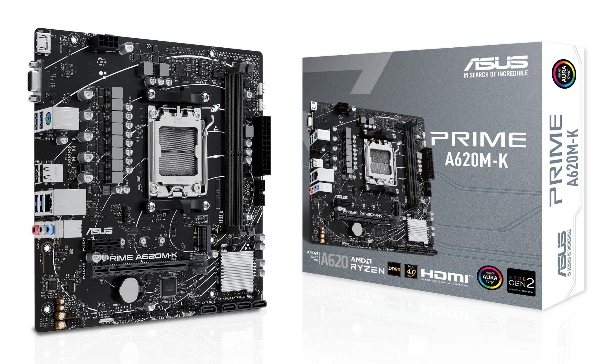 f92b1fc8-e42e-4427-bbd9-f7c4dcf53dbf Mainboard ASUS AMD A620 Micro-ATX Memory DDR5 Memory slots 2 1xPCI-Express 3.0 1x 1xPCI-Express 4.0 16x 1xM.2 1x15pin D-sub 1xHDMI 2xUSB 2.0 4xUSB 3.2 1xPS/2 1xRJ45 3xAudio port PRIMEA620M-K