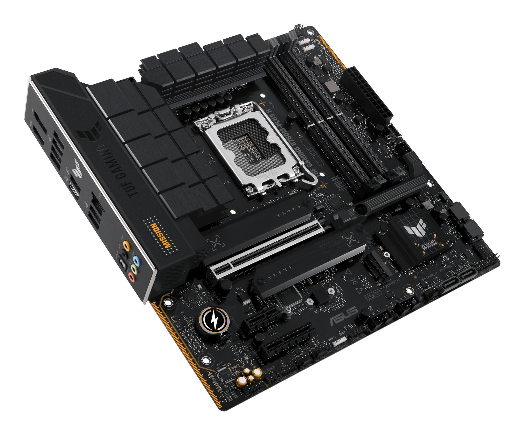 f9d7105f-1a42-44e7-bae6-9bacec305171 Mainboard ASUS Intel B760 Express LGA1700 Micro-ATX Memory slots 4 1xPCI-Express 3.0 1x 1xPCI-Express 4.0 4x 1xPCI-Express 5.0 16x 3xM.2 1xHDMI 1xDisplayPort 4xUSB 2.0 3xUSB 3.2 1xUSB-C 1xOptical S/PDIF 1xRJ45 5xAudio port TUFGAMINGB760M-PLUSII