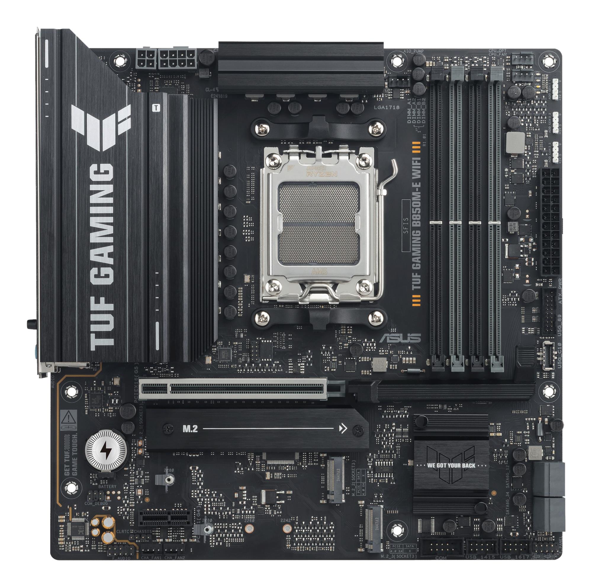 0334c388-a3ea-4dcb-8521-47edf64b45ff Mainboard ASUS AMD B850 SAM5 Micro-ATX Memory DDR5 Memory slots 4 1xPCI-Express 4.0 1x 1xPCI-Express 4.0 16x 1xPCI-Express 5.0 16x 3xM.2 1xHDMI 2xDisplayPort 4xUSB 2.0 2xUSB 3.2 2xUSB-C 1xPS/2 1xRJ45 3xAudio port TUFGAMINGB850M-EWIFI
