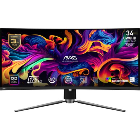 LCD Monitor MSI 34″ Curved/21 : 9 Panel QD-OLED 3440×1440 21:9 175Hz Matte 0.03 ms Swivel Height adjustable Tilt Colour Black MAG341CQPQD-OLED
