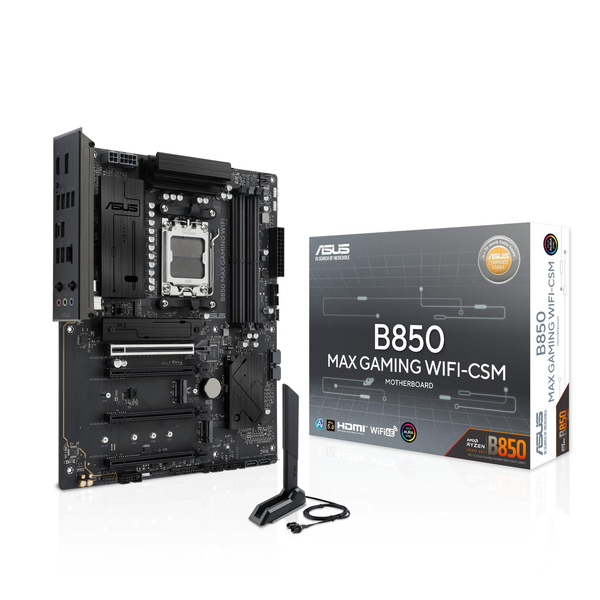 184bbdcf-664d-4e59-861e-5813e9fb86b3 Mainboard ASUS AMD B850 Socket AM5 ATX RAM DDR5-SDRAM 4xSlots Wi-Fi Yes Bluetooth Yes 3xNumber of M.2 (M) slots B850MAXGAMINGWIFI