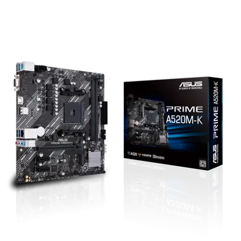 Asus   PRIME A520M-K   Processor family AMD   Processor socket AM4   DDR4   Memory slots 2   Supported hard disk drive interfaces M.2, SATA   Number of SATA connectors 4   Chipset AMD A   Micro ATX