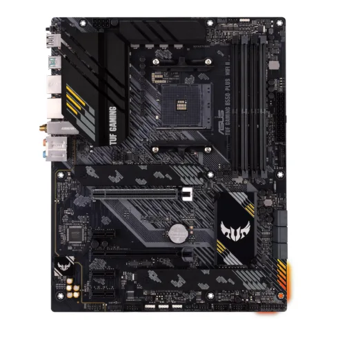 Asus   TUF GAMING B550-PLUS WIFI II   Processor family AMD   Processor socket AM4   DDR4 DIMM   Memory slots 4   Supported hard disk drive interfaces 	SATA, M.2   Number of SATA connectors 6   Chipset AMD B550   30.5cm x 24.4cm