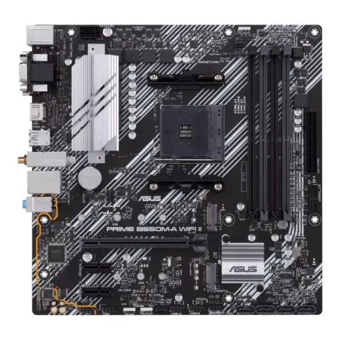 Asus   PRIME B550M-A WIFI II   Processor family AMD   Processor socket AM4   DDR4 DIMM   Memory slots 4   Supported hard disk drive interfaces 	SATA, M.2   Number of SATA connectors 4   Chipset AMD B550   microATX