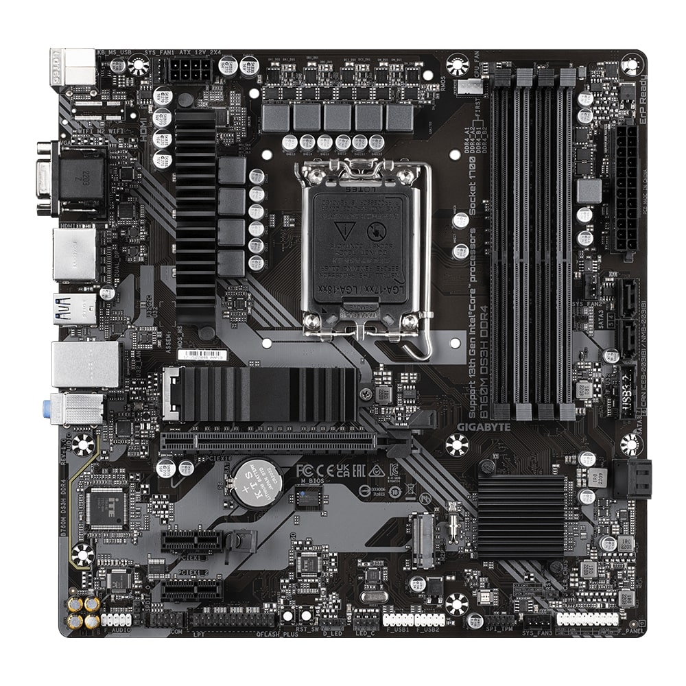 388699-b760m-ds3h-ddr4-4719331850876-0.webp Gigabyte B760M DS3H DDR4 1.0 M/B Processor family Intel Processor socket LGA1700 DDR4 DIMM Memory slots 4 Supported hard disk drive interfaces SATA, M.2 Number of SATA connectors 4 Chipset Intel B760 Express Micro ATX