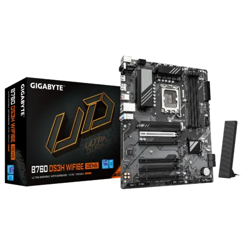 Gigabyte B760 DS3H WF6E GEN5   Processor family Intel   Processor socket LGA1700   DDR5   Supported hard disk drive interfaces M.2, SATA   Number of SATA connectors 4