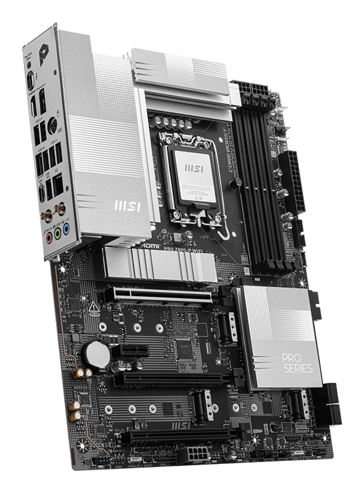 51bd44bb-cd75-42e9-ae43-47f162602599 Mainboard MSI Intel Z890 LGA1851 ATX Memory DDR5 Memory slots 4 1xPCI-Express 4.0 1x 2xPCI-Express 4.0 4x 1xPCI-Express 5.0 16x 4xM.2 1xHDMI 1xDisplayPort 4xUSB 2.0 3xUSB 3.2 1xUSB-C 1xUSB-C w/Thunderbolt 1xPS/2 1xRJ45 3xAudio port PROZ890-PWIFI