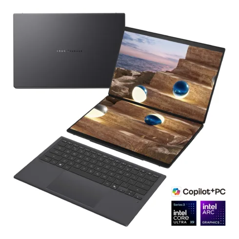 Asus   Zenbook Duo UX8407AA-SN066W   Moher Gray   14 ”   OLED   Touchscreen   2.8K   2880 x 1800 pixels   144 Hz   Anti-Reflective   Intel Core Ultra X9   378H   32 GB   LPDDR5X   Solid-state drive capacity 2000 GB   Intel Arc Graphics   Windows 11 Pro   802.11be   Bluetooth version 5.4   Keyboard language US international   Keyboard backlit   Warranty 24 month(s)   Battery warranty 12 month(s)
