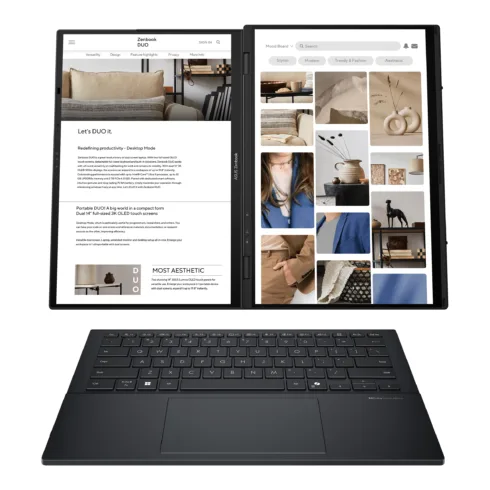 Asus   Zenbook Duo UX8406CA-QL287W   Inkwell Gray   14 ”   OLED   Touchscreen   FHD   1920 x 1200 pixels   Intel Core Ultra 7   255H   16 GB   LPDDR5X   Solid-state drive capacity 1000 GB   Intel Arc Graphics   Windows 11 Home   802.11be   Bluetooth version 5.4   Keyboard language US international   Keyboard backlit   Warranty 24 month(s)   Battery warranty 12 month(s)