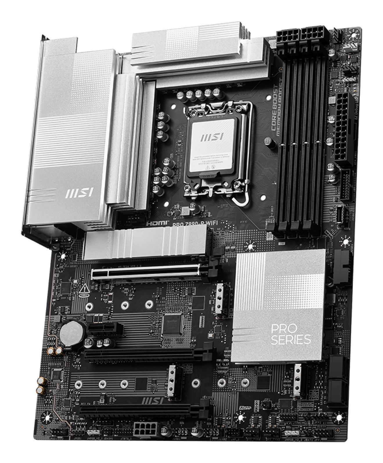 8e867810-9372-4eac-be7a-60fb9a5be1fd Mainboard MSI Intel Z890 LGA1851 ATX Memory DDR5 Memory slots 4 1xPCI-Express 4.0 1x 2xPCI-Express 4.0 4x 1xPCI-Express 5.0 16x 4xM.2 1xHDMI 1xDisplayPort 4xUSB 2.0 3xUSB 3.2 1xUSB-C 1xUSB-C w/Thunderbolt 1xPS/2 1xRJ45 3xAudio port PROZ890-PWIFI