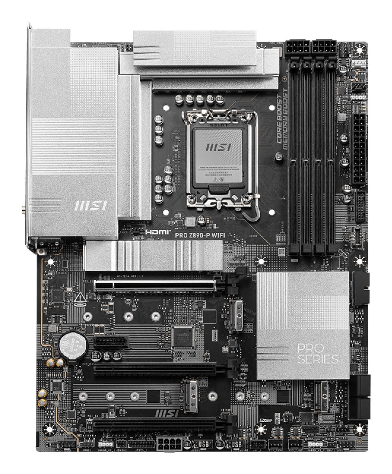 c3704a7c-7913-4a92-8dac-4f40adc8d514 Mainboard MSI Intel Z890 LGA1851 ATX Memory DDR5 Memory slots 4 1xPCI-Express 4.0 1x 2xPCI-Express 4.0 4x 1xPCI-Express 5.0 16x 4xM.2 1xHDMI 1xDisplayPort 4xUSB 2.0 3xUSB 3.2 1xUSB-C 1xUSB-C w/Thunderbolt 1xPS/2 1xRJ45 3xAudio port PROZ890-PWIFI