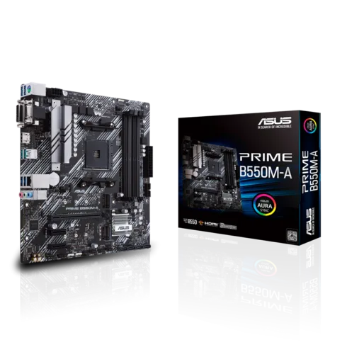 Asus   PRIME B550M-A   Processor family AMD   Processor socket AM4   DDR4   Memory slots 4   Supported hard disk drive interfaces M.2, SATA   Number of SATA connectors 4   Chipset AMD B   Micro ATX