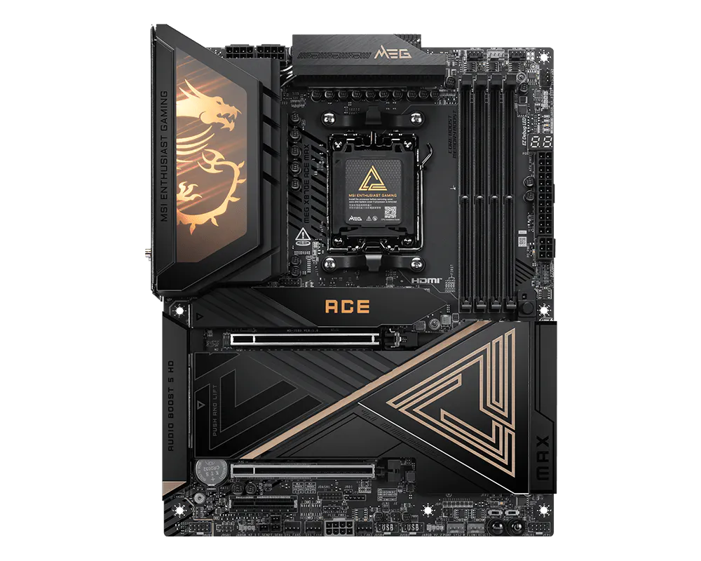 607409-meg-x870e-ace-max-4711377414968-0.webp MSI MEG X870E ACE MAX Processor family AMD Processor socket AM5 DDR5 Supported hard disk drive interfaces SATA, M.2 Number of SATA connectors 4