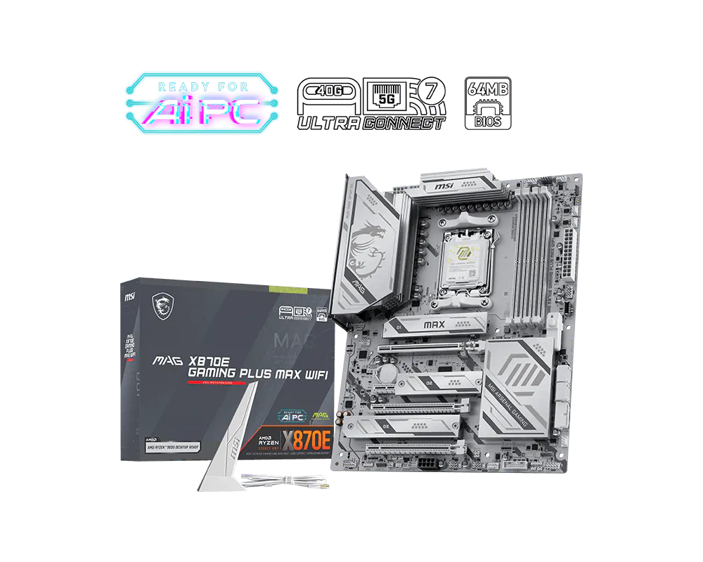 607411-mag-x870e-gaming-plus-max-wifi-4711377406727-0.webp MSI MAG X870E GAMING PLUS MAX WIFI Processor family AMD Processor socket AM5 DDR5 Supported hard disk drive interfaces SATA, M.2 Number of SATA connectors 4