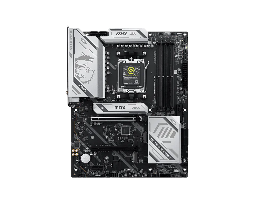 607412-mag-x870e-gaming-max-wifi-4711377407199-0.webp MSI MAG X870E GAMING MAX WIFI Processor family AMD Processor socket AM5 DDR5 Supported hard disk drive interfaces SATA, M.2 Number of SATA connectors 4