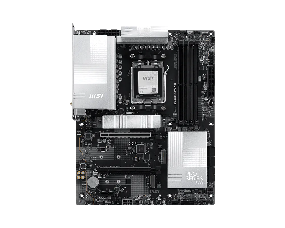 607413-pro-x870e-s-evo-wifi-4711377412230-0.webp MSI PRO X870E-S EVO WIFI Processor family AMD Processor socket AM5 DDR5 Supported hard disk drive interfaces SATA, M.2 Number of SATA connectors 4