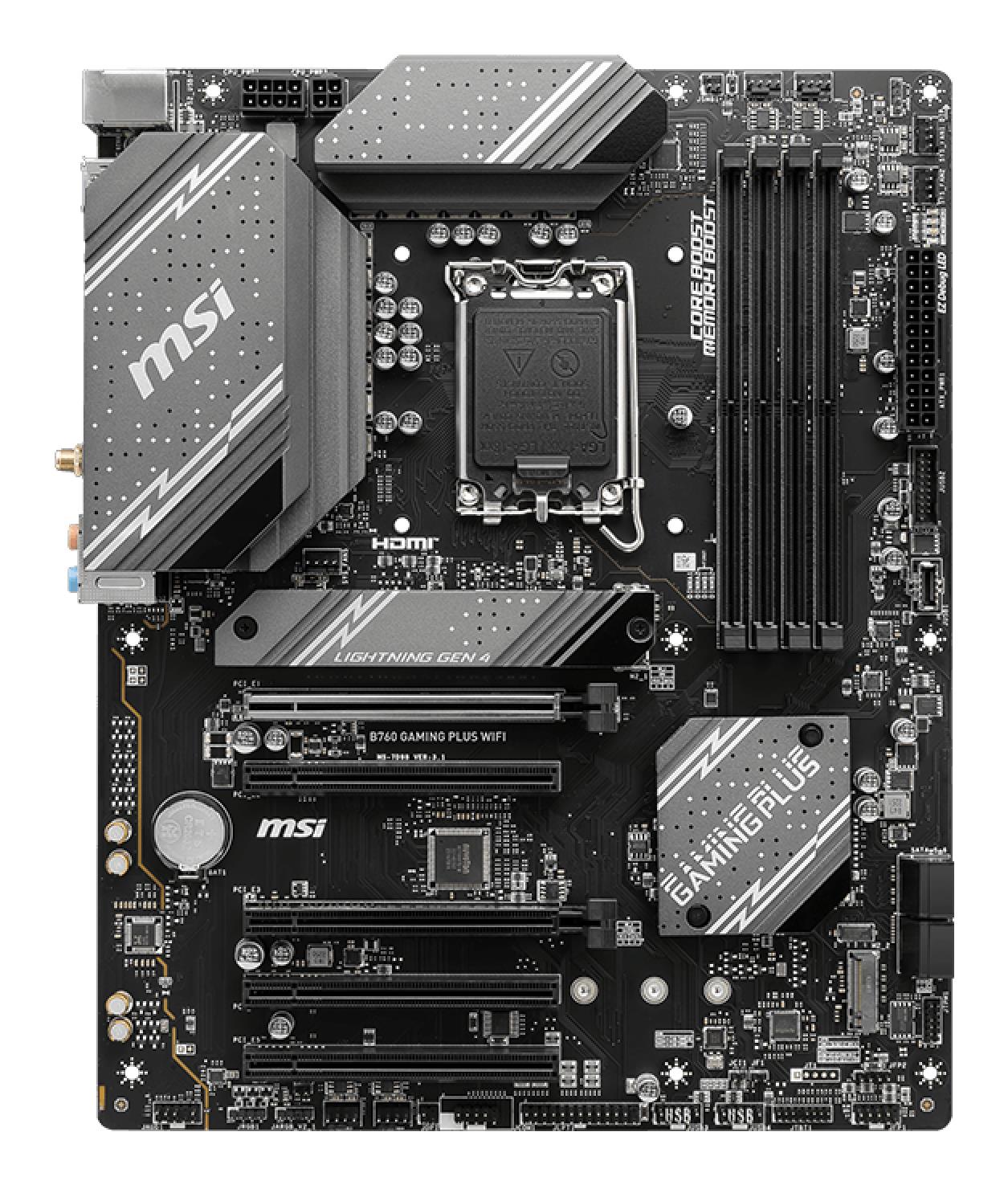 033e3e05-9f17-471e-8659-1472e6837105 Mainboard MSI Intel B760 Express LGA1700 ATX Memory DDR5 Memory slots 4 5xPCI-Express 16x 2xM.2 1xHDMI 1xDisplayPort 2xUSB 2.0 2xUSB 3.2 1xUSB-C 1xPS/2 1xOptical S/PDIF 1xRJ45 5xAudio port B760GAMINGPLUSWIFI