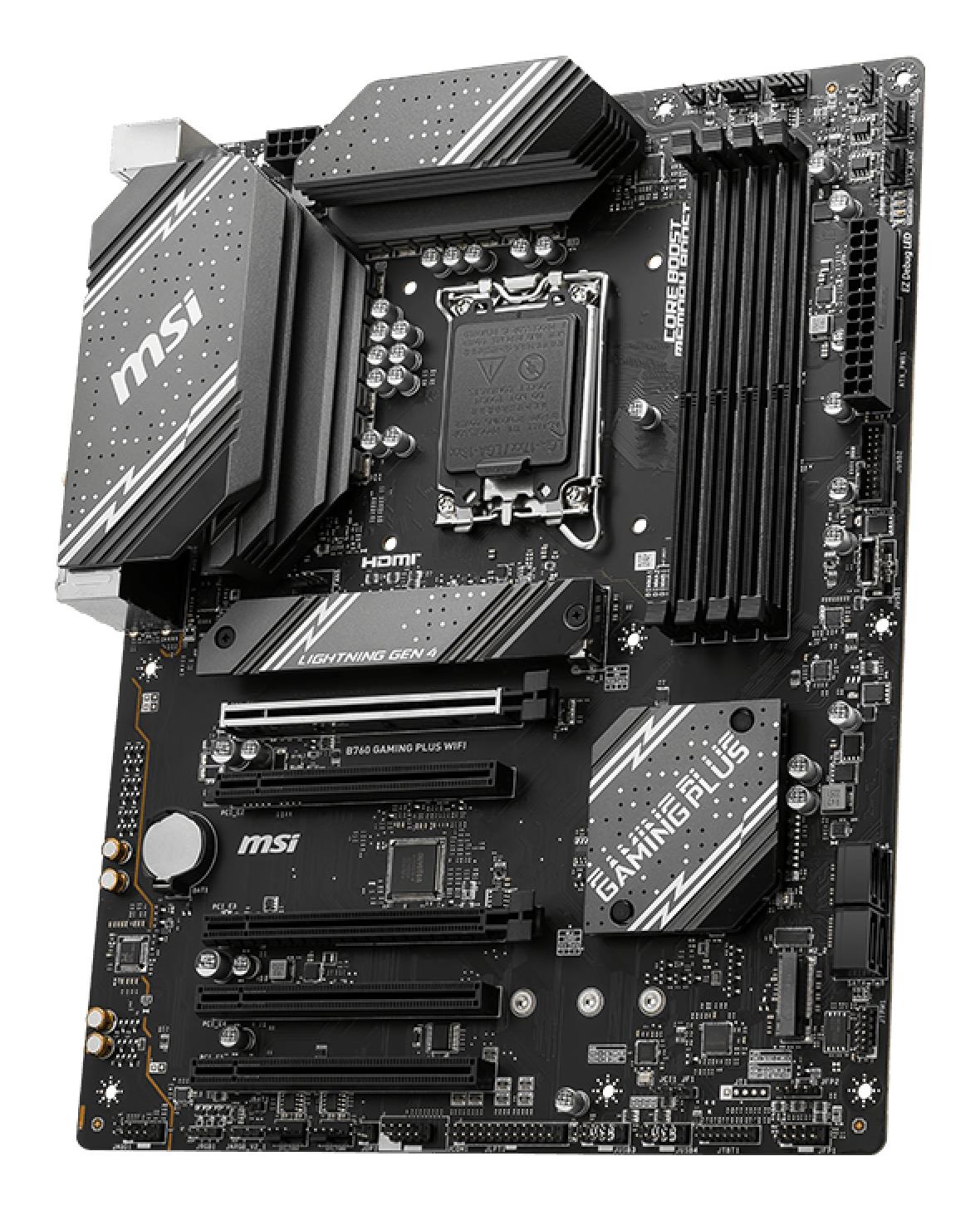 315d45d8-3da0-4ca0-beb3-2fb0d9b4a341 Mainboard MSI Intel B760 Express LGA1700 ATX Memory DDR5 Memory slots 4 5xPCI-Express 16x 2xM.2 1xHDMI 1xDisplayPort 2xUSB 2.0 2xUSB 3.2 1xUSB-C 1xPS/2 1xOptical S/PDIF 1xRJ45 5xAudio port B760GAMINGPLUSWIFI