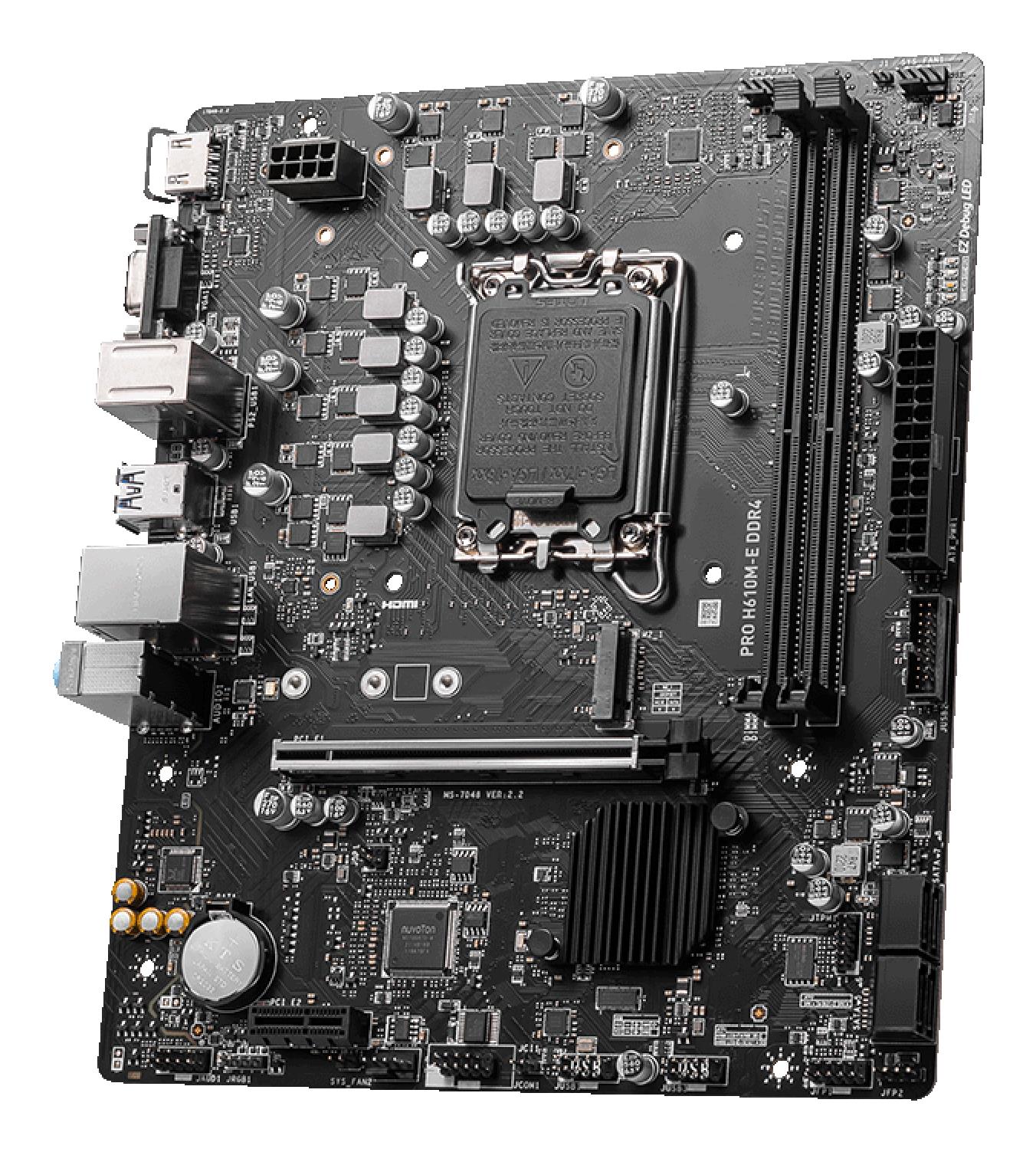 4f770de9-ac31-4fc3-b1b5-fb737ada5b2d Mainboard MSI Intel H610 LGA1700 MicroATX Memory DDR4 Memory slots 2 1xPCI-Express 1x 1xPCI-Express 16x 1xM.2 1x15pin D-sub 1xHDMI 4xUSB 2.0 2xUSB 3.2 1xPS/2 1xRJ45 3xAudio port PROH610M-EDDR4