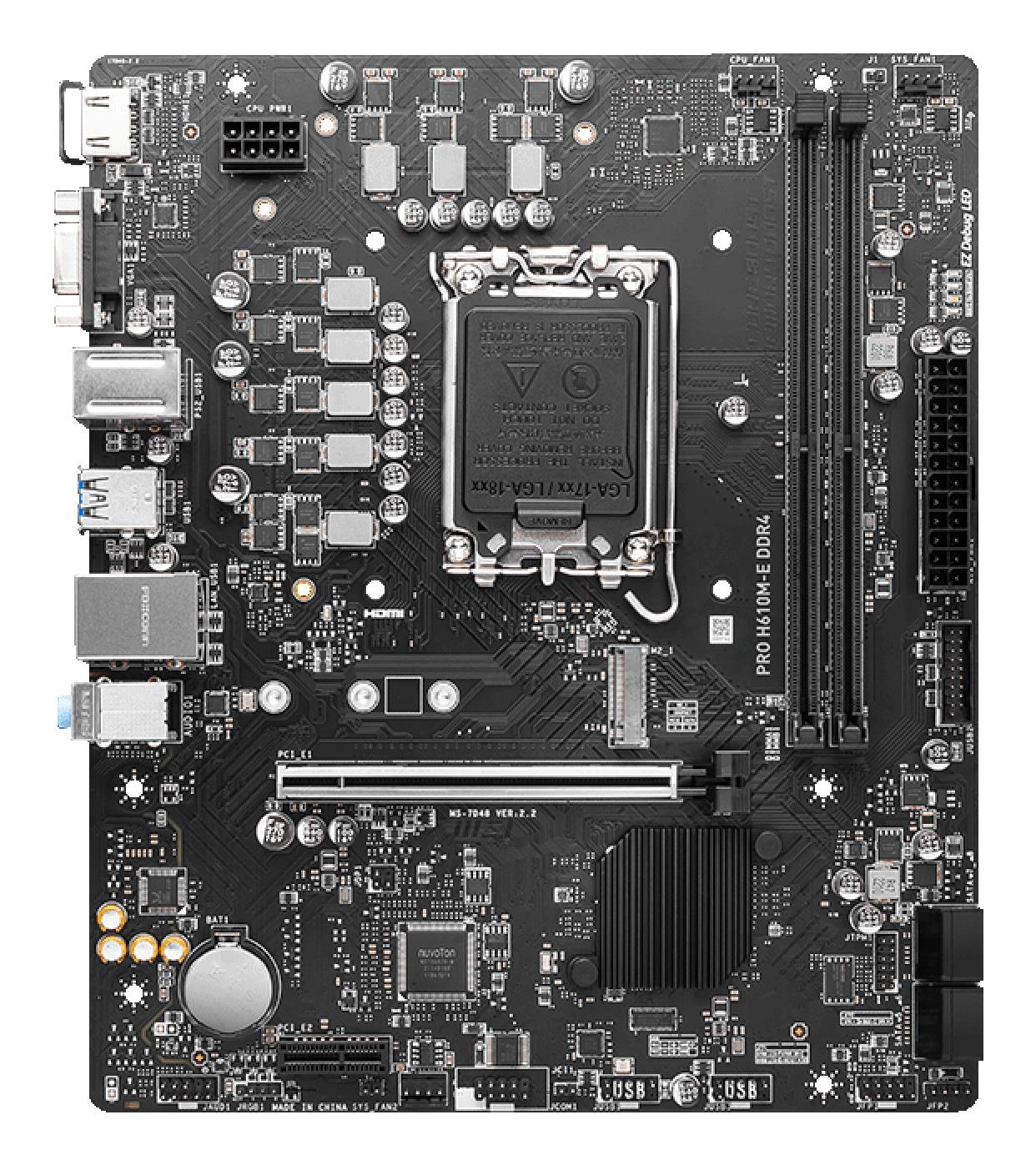 6d935679-84ff-442d-a058-fb9749346eae Mainboard MSI Intel H610 LGA1700 MicroATX Memory DDR4 Memory slots 2 1xPCI-Express 1x 1xPCI-Express 16x 1xM.2 1x15pin D-sub 1xHDMI 4xUSB 2.0 2xUSB 3.2 1xPS/2 1xRJ45 3xAudio port PROH610M-EDDR4