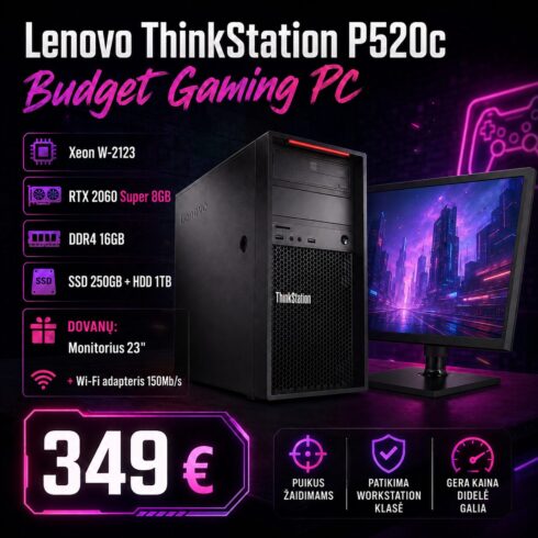 Mėnesio Pasiūlymas – Lenovo ThinkStation P520c: Intel Xeon W-2123, RTX 2060 Super 8GB, DDR4 16GB, 250GB SSD + 1TB HDD, Windows 10 (+ dovanos)