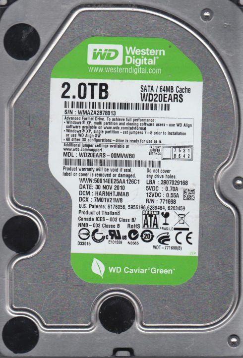 Western Digital Green WD20EARS-00MVWB0 2TB 3.5" SATA HDD