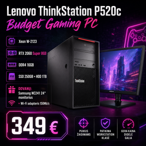 Mėnesio Pasiūlymas – Lenovo ThinkStation P520c: Intel Xeon W-2123, RTX 2060 Super 8GB, DDR4 16GB, 250GB SSD + 1TB HDD, Windows 10 (+ dovanos)