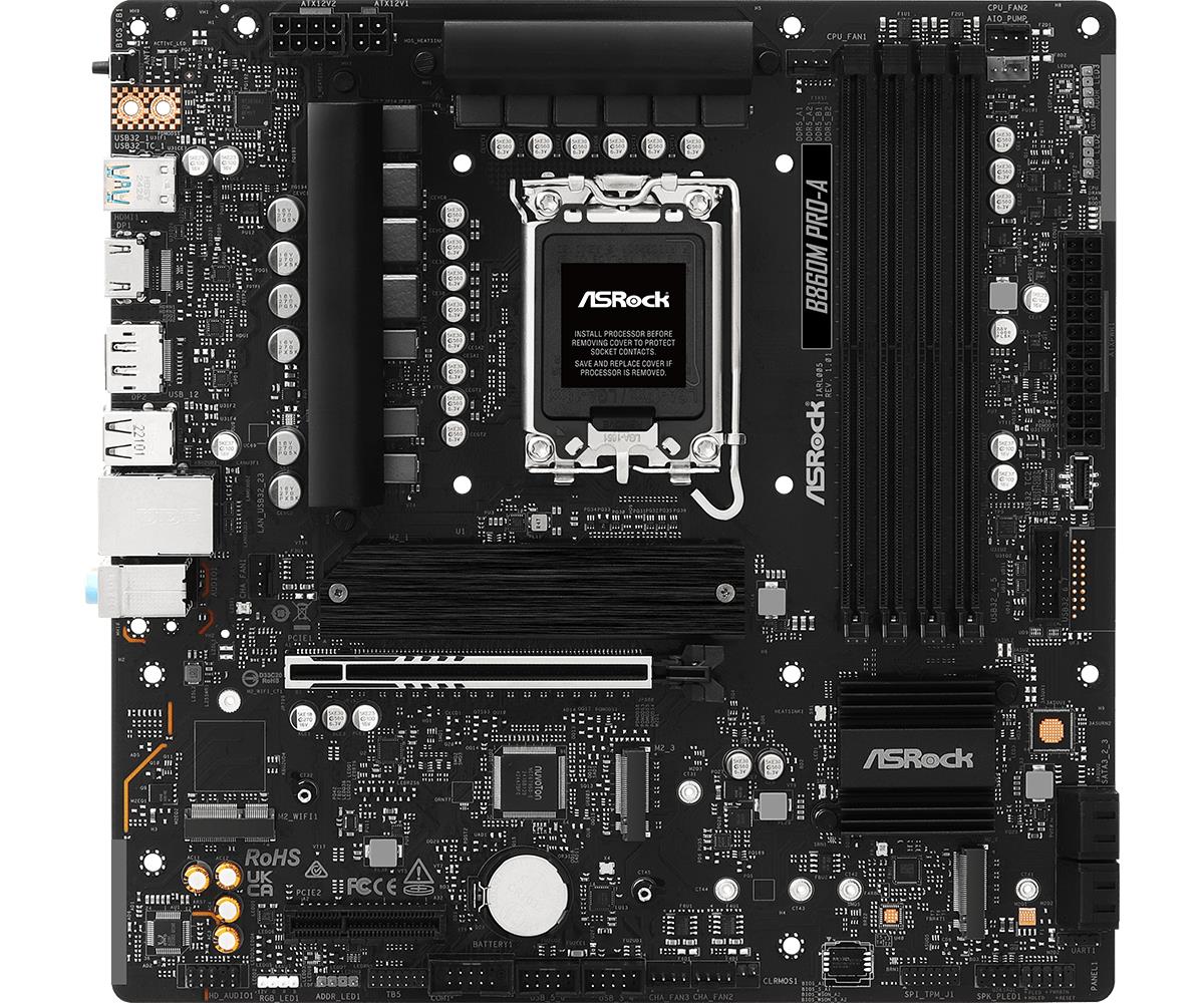 102d680d-4251-4662-adba-f6852ce059b3 Mainboard ASROCK Intel B860 LGA 1851 (Socket V1) micro ATX RAM DDR5-SDRAM 4xSlots 3xNumber of M.2 (M) slots B860MPRO-A