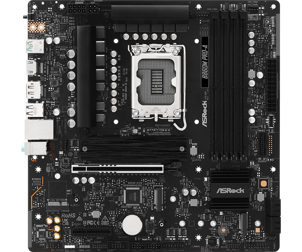 32156597-48ff-4398-9d65-b70f500a1b85 Mainboard ASROCK Intel B860 LGA 1851 (Socket V1) micro ATX RAM DDR5-SDRAM 4xSlots 3xNumber of M.2 (M) slots B860MPRO-A
