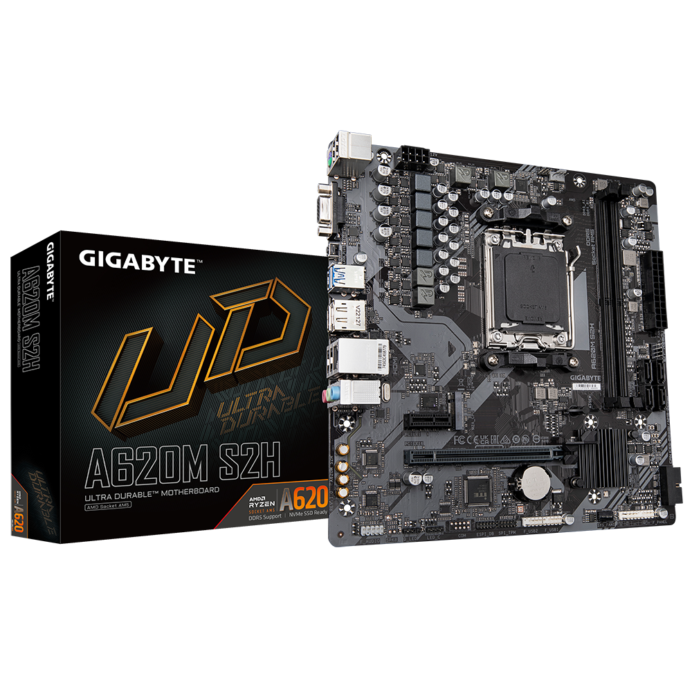402897-a620m-s2h-4719331855208-0.webp Gigabyte A620M S2H 1.0 M/B Processor family AMD Processor socket AM5 DDR5 DIMM Memory slots 2 Supported hard disk drive interfaces SATA, M.2 Number of SATA connectors 4 Chipset AMD A620 Micro ATX