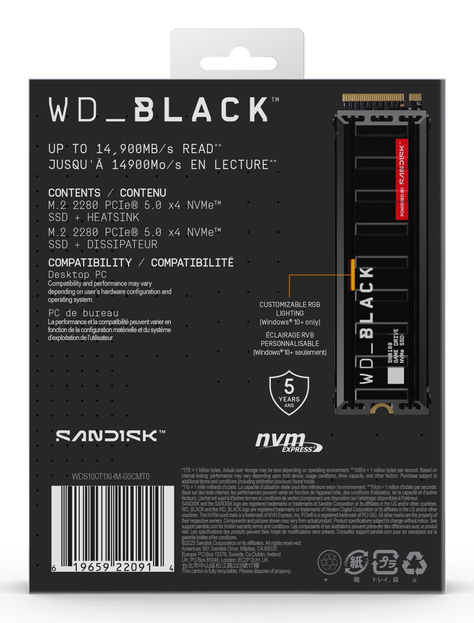 fc8be7ae-d4e3-4731-ba4e-4a60f79bf0d2 SSD SANDISK 2400xTBW rating NVMe Yes PCI Express 5.0 M.2 1000 GB WDS100T1XHM-00CMT0