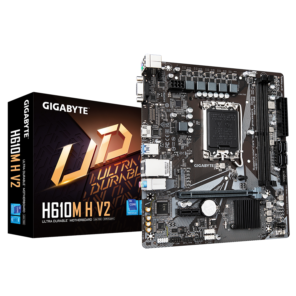 430389-h610m-h-v2-g1-0-4719331859985-0.webp Gigabyte H610M H V2 G1.0 Processor family Intel Processor socket LGA1700 DDR5 Supported hard disk drive interfaces M.2, SATA Number of SATA connectors 4