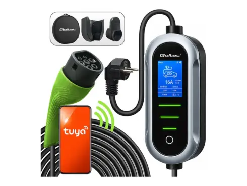 QOLTEC 52435 Mobile EV Electric Car Charger with 2in1 Type 2 Adjustment 3.5kW 230V WiFi TUYA SMART LIFE LCD LED 5m