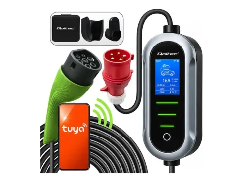 QOLTEC 52436 Mobile EV Electric Car Charger with 2in1 Type 2 Adjustment 11kW 400V WiFi TUYA SMART LIFE LCD 5m