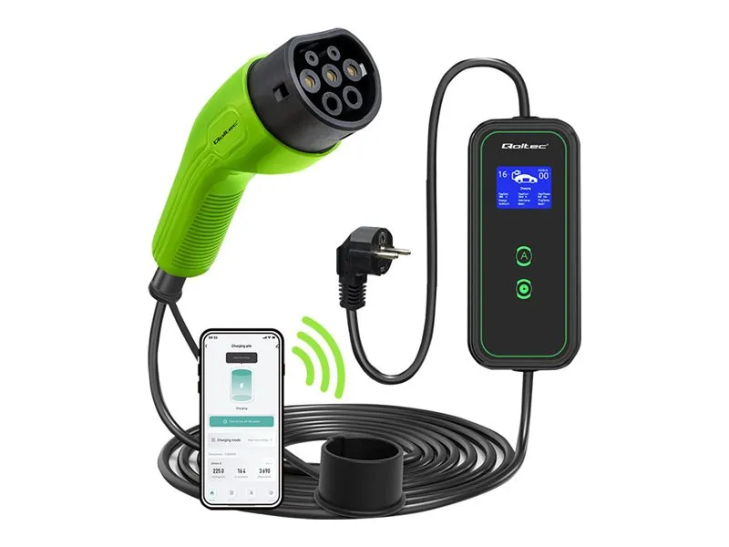 also-52476 QOLTEC 52476 Mobile EV charger with adjustable 2in1 Type2 3.5kW 230V Wifi LCD Portable Wallbox 5m