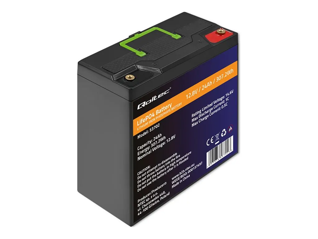 also-53702 QOLTEC 53702 LiFePO4 lithium iron phosphate battery / 12.8V / 24Ah / 307.2Wh / BMS