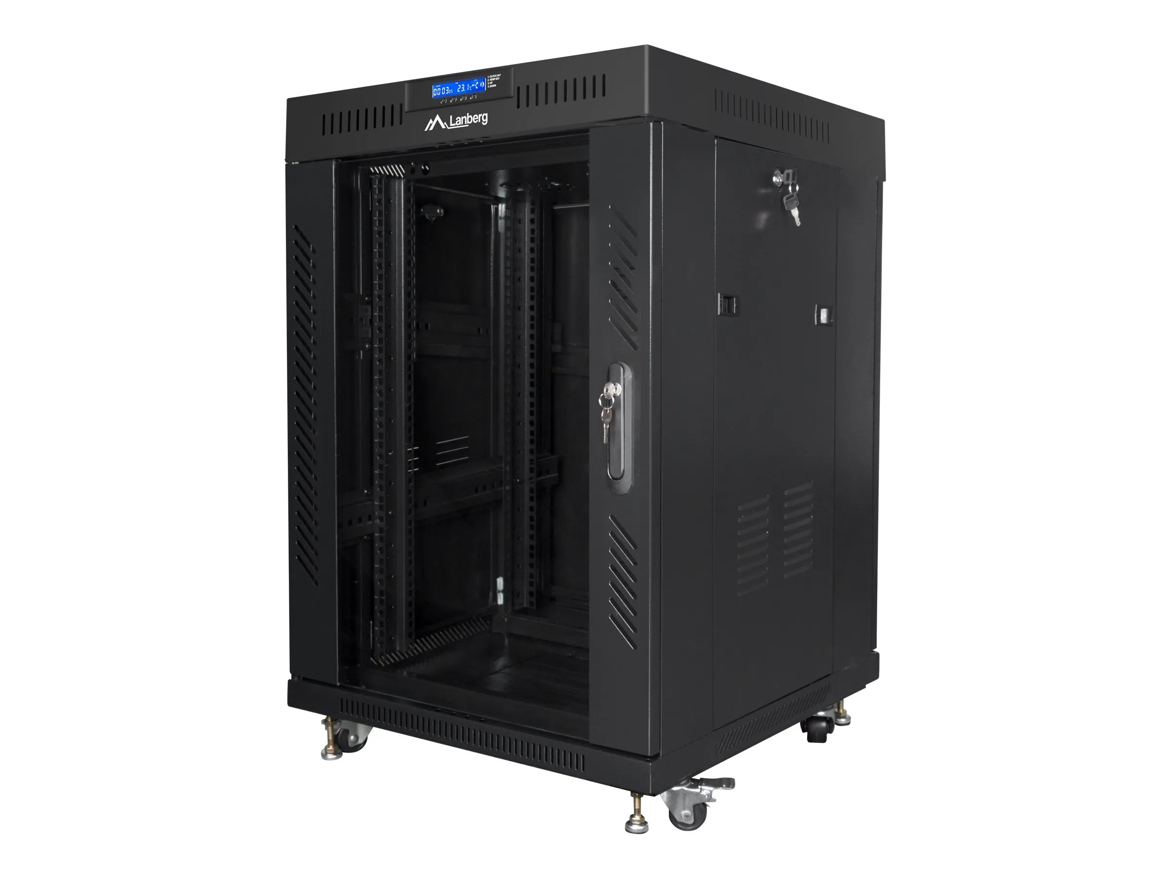 also-ff01-6615-12bl LANBERG free standing rack 19inch cabinet 15U 600×600 glass door LCD flat pack black