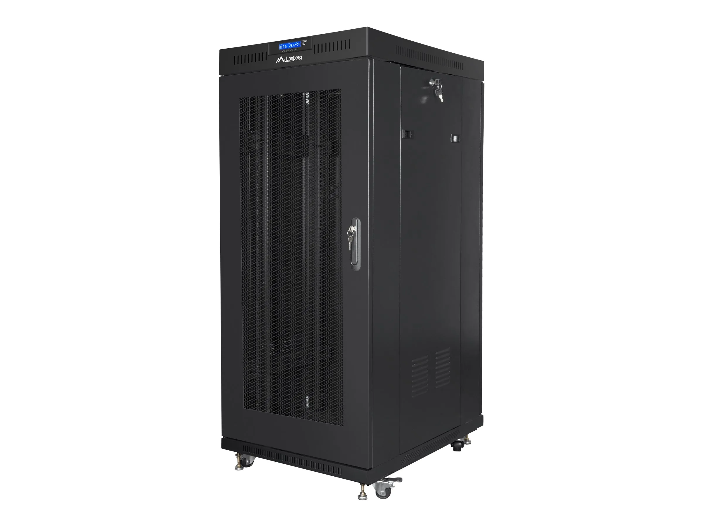 also-ff01-6827-23bl LANBERG free standing rack 19inch cabinet 27U 600×800 mesh door LCD flat pack black