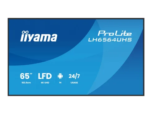 IIYAMA 65inch 3840×2160 UHD VA DLED panel Haze 25percent 500cd/m2 Landscape and Portrait Speakers 2x 10W 2x HDMIx 1x USB-C DP
