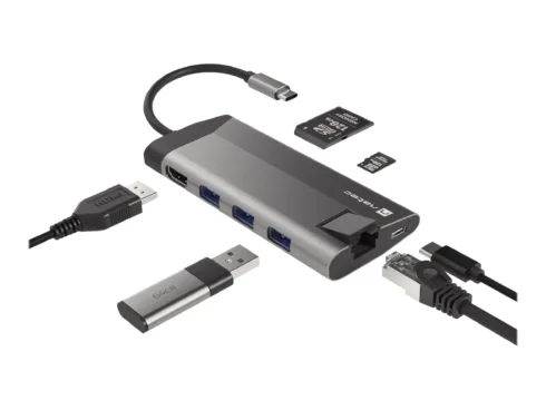 NATEC multiport Fowler Plus USB-C->HUB USB 3.0 3x HDMI 4K USB-C PD RJ45 SD Micro SD