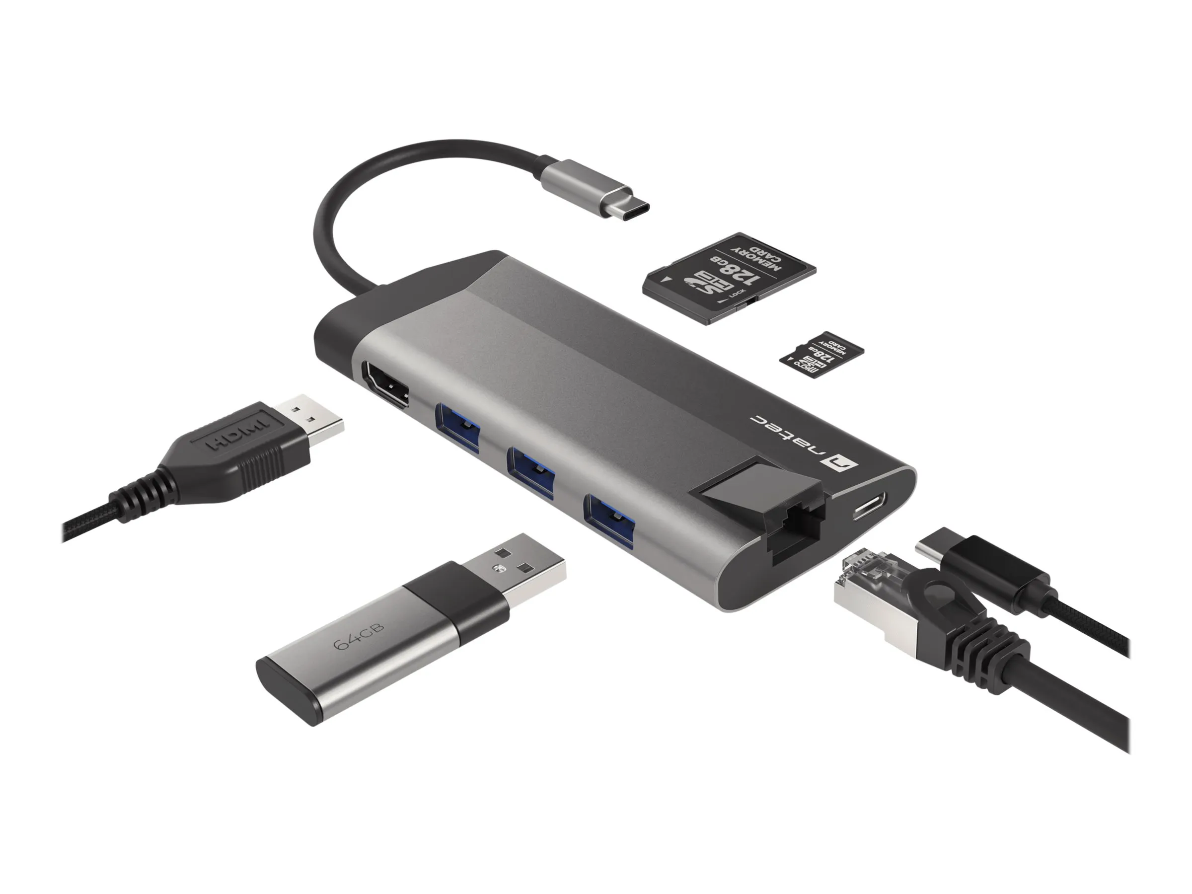 also-nmp-1690 NATEC multiport Fowler Plus USB-C->HUB USB 3.0 3x HDMI 4K USB-C PD RJ45 SD Micro SD