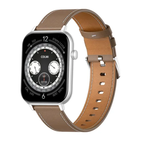 COLMI C28 Smartwatch – Silver + Brown Leather Strap
